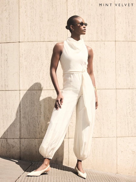Cream - Mint Velvet Sleeveless Linen Blend Belted Balloon Jumpsuit