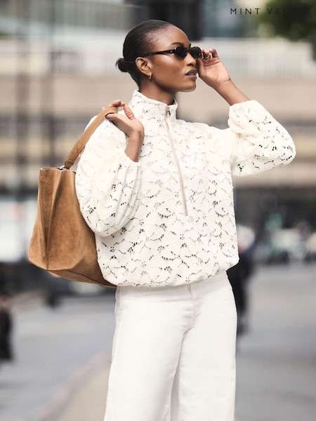 Natural - Mint Velvet Lace Zip Detail Bomber Blouse