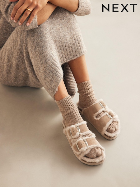 Neutral Forever Comfort® Faux Fur Double Strap Leather Footbed Sandals (451168) | AED71