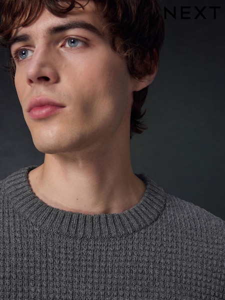 Charcoal Grey Regular Fit Textured Waffle Crew Neck Jumper (451238) | €6
