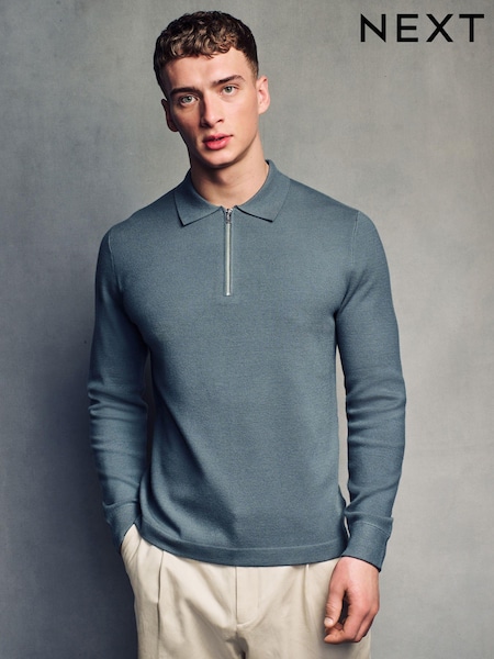 أزرق على أخضر أزرق - Soft Touch Regular Fit Quarter Zip Knitted Long Sleeve Polo Shirt (451371) | ‏83 د.إ.‏
