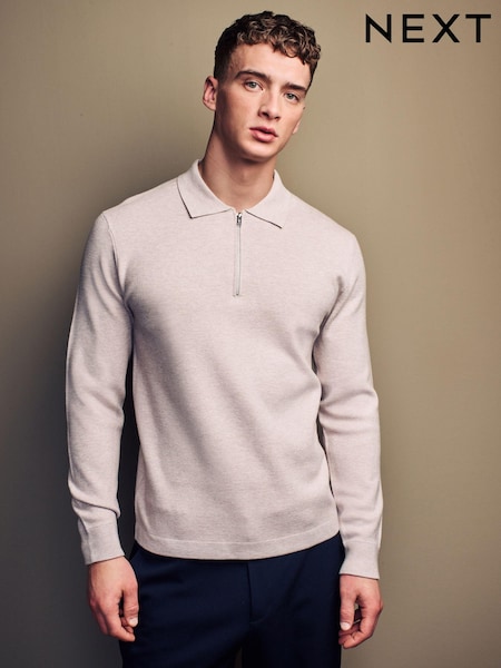 لون محايد - Soft Touch Regular Fit Quarter Zip Knitted Long Sleeve Polo Shirt (451374) | ‏83 د.إ.‏