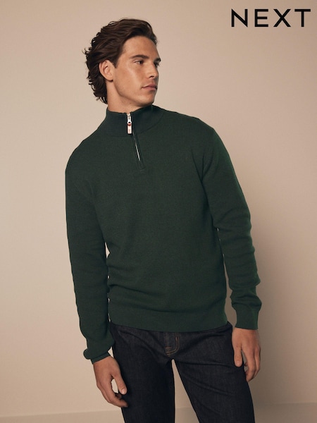 Forest Green Plain Regular Fit 100% Cotton Premium Quarter Zip Jumper (451427) | $58