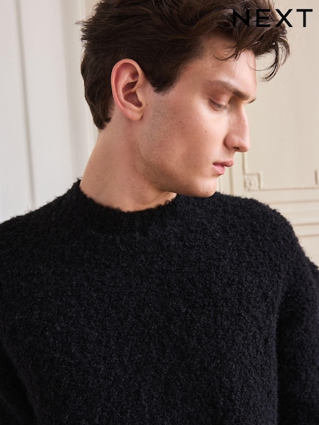 Black Relaxed Fit Bouclé Texture Crew Jumper With Wool (451553) | AED83