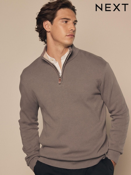 Mushroom Brown Plain Regular Fit 100% Cotton Premium Quarter Zip Jumper (451590) | $58
