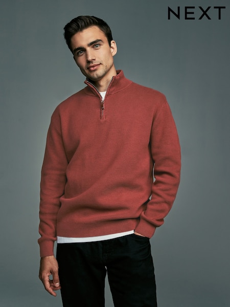 Burnt Clay Red Plain Regular Fit 100% Cotton Premium Quarter Zip Jumper (451658) | AED34
