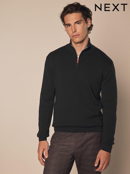 Black Plain Regular Fit 100% Cotton Premium Quarter Zip Jumper (451730) | €45