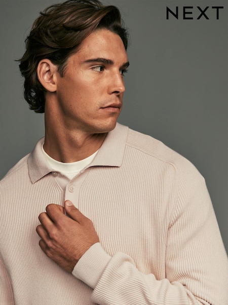Ecru White Regular Ribbed Knit 100% Cotton Polo Shirt (451784) | €11