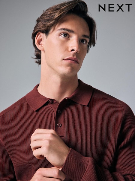 Rust Red/Brown Regular Ribbed Knit 100% Cotton Polo Shirt (451790) | €16