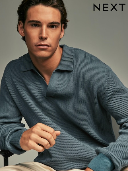 أزرق بترولي - Regular Fit 100% Cotton Rib Texture Polo Neck Jumper (451816) | ‏104 د.إ.‏