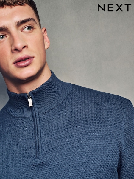 Slate Blue Texture Regular Fit 100% Cotton Premium Quarter Zip Jumper (452010) | €21.50