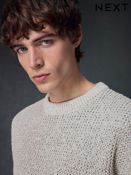 Ecru White Crew Neck Regular Fit Chenille Texture Jumper (452061) | $52