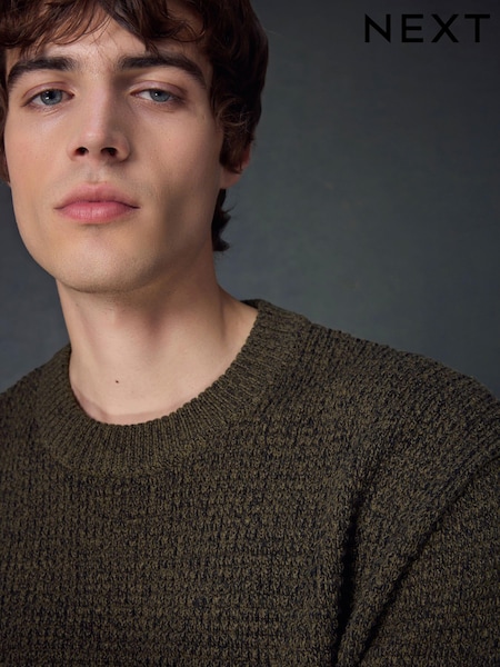 Khaki Green Regular Fit Textured Waffle Crew Neck Jumper (452178) | €6