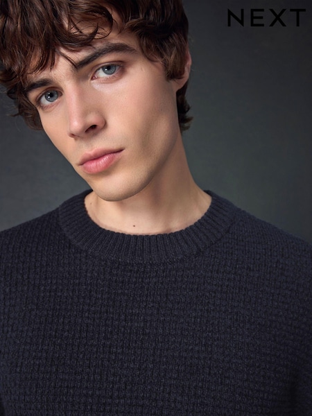 Navy Blue Regular Fit Textured Waffle Crew Neck Jumper (452206) | €6