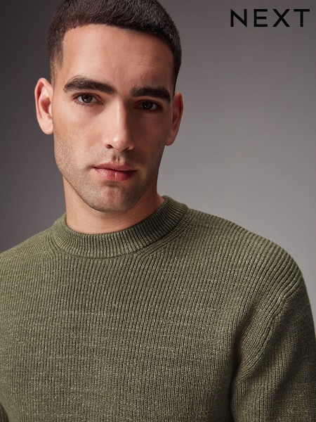 Khaki Green Regular Fit Cotton Rich Textured Crew Jumper (452327) | AED70