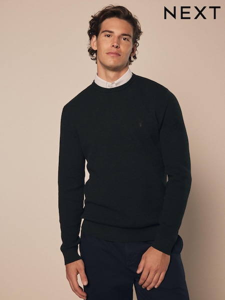 Dark Green Oxford Crew Neck Regular 100% Cotton Mock Shirt Jumper (452351) | €22