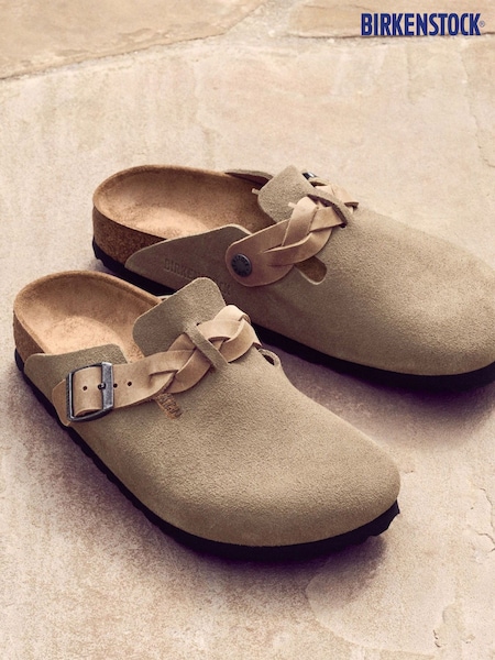 Birkenstock Taupe Boston Suede Braided Clogs (452471) | €199