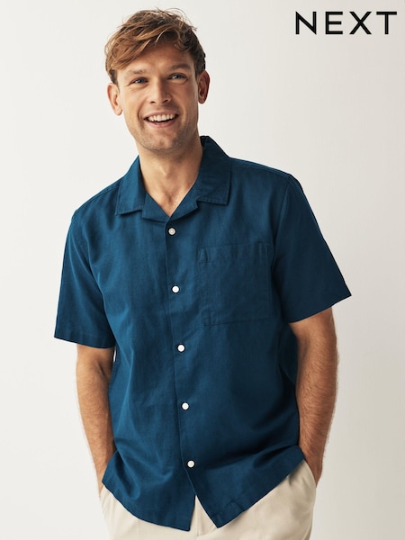 Marineblau - Kubanischer Kragen - Linen Blend Short Sleeve Shirt (452874) | 12 €