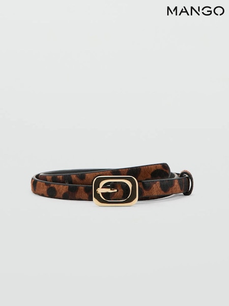 Brown - Mango Leopard Slim Gold Buckle Leather Belt