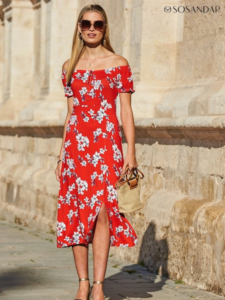 Sosandar Floral Print Bardot Midi Dress (454515) | 359 LEI