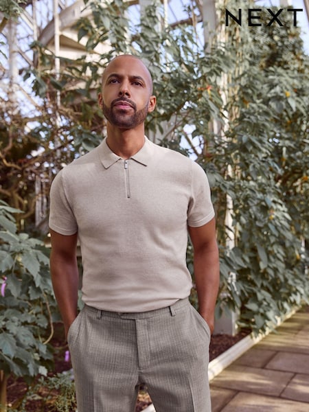 Neutral Knitted Regular Fit Zip Polo Shirt (455539) | €11