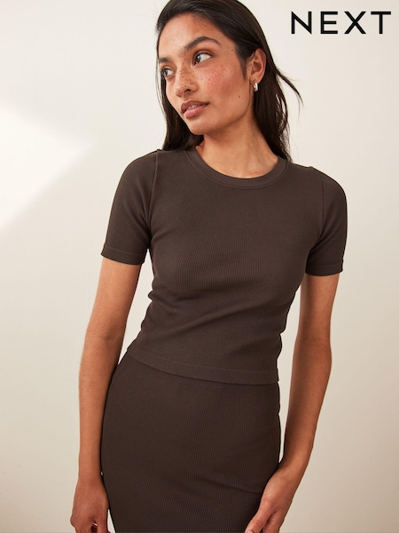 Suklaanruskea - Slim Fit Ribbed Short Sleeve Top (458390) | €17