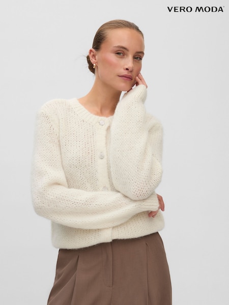 灰色 - Vero Moda Long Sleeve Round Neck Cardigan With Jewel Buttons