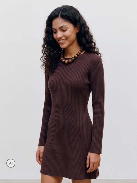 Brown - Vero Moda Long Sleeve Ribbed Knitted Dress