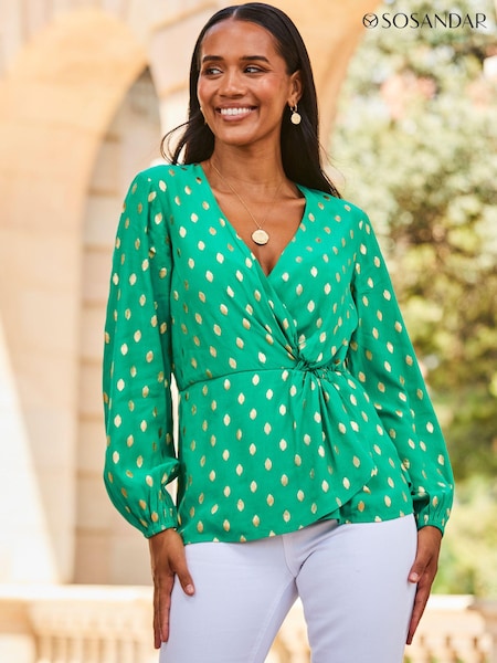 Sosandar Foil Spot Long Sleeve Knot Front Top (459516) | ‏246‏₪