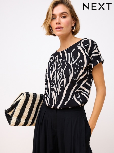Black White Swirl Print Cap Sleeve T-Shirt Top (459967) | 28 QAR