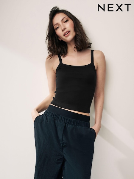 Black Ribbed Square Neck Strappy Cami Top (460070) | AED17