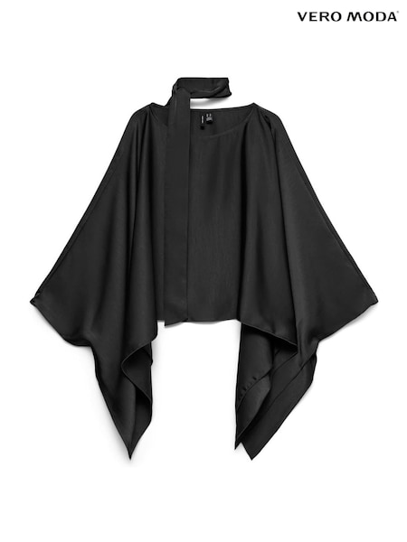 Czarny - Vero Moda Long Sleeve Satin Cape Scarf Top
