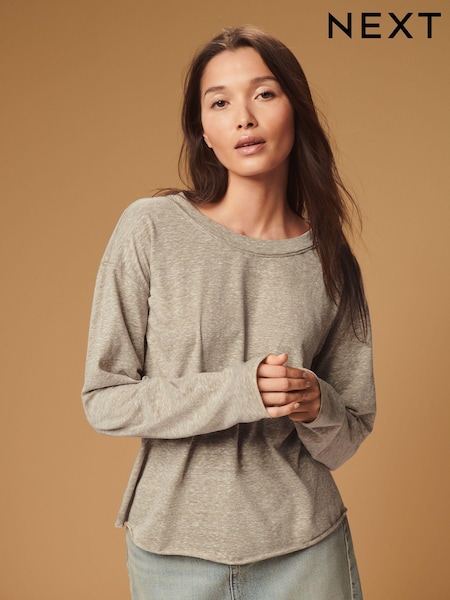 Khaki Green Linen Look Cotton Rich Slub Raw Edge Long Sleeve Top (460506) | €15