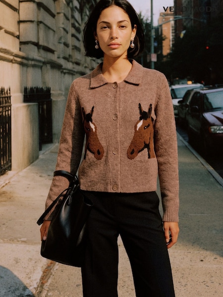 Brown - Vero Moda Polo Neck Horse Graphic Cardigan