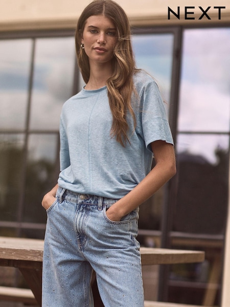 Light Baby Blue Slim Fit Premium 100% Linen Crew Neck Short Sleeve T-Shirt (460563) | €10