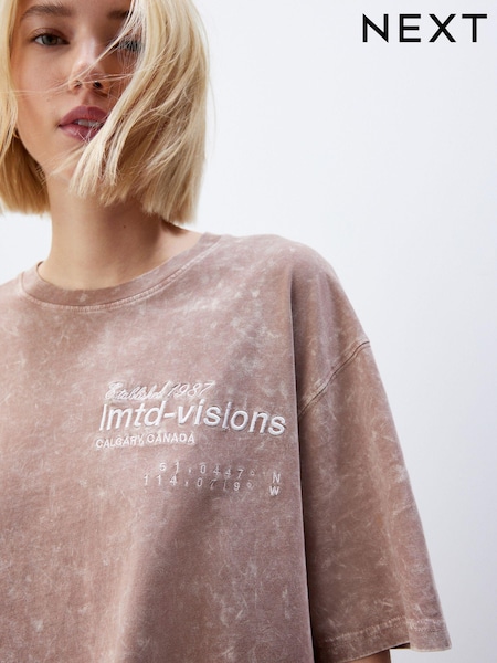 Rose Pink Acid Wash Longline Graphic Slogan 100% Cotton T-Shirt (460792) | €11