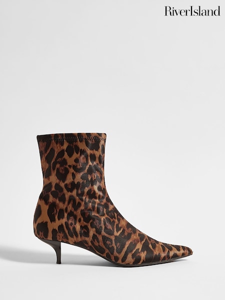 بني - River Island Leopard Print Kitten Heel Sock Boots