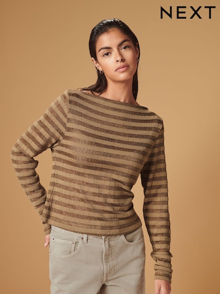 Neutral Textured Long Sleeve Slash Neck Top (460994) | €12