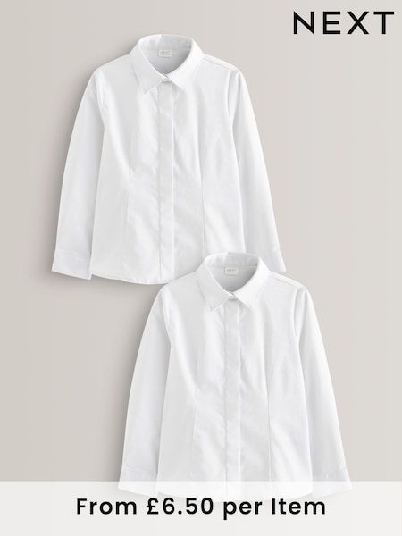 White 2 Pack Fitted Long Sleeve Cotton Rich Stretch Premium School Shirts (3-18yrs) (461161) | $28 - $44
