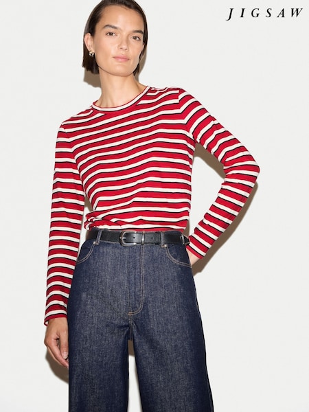 Red - Jigsaw Cotton Slub Stripe Long Sleeve T-shirt