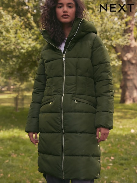Khaki Green Shower Resistant Padded Puffer Hooded Mid Length Coat (462046) | €57