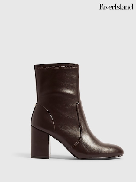 棕色 - River Island Faux Leather Square Heel Stretch Boots