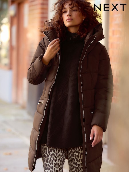 חום שוקולד - Shower Resistant Padded Puffer Hooded Mid Length Coat (462084) | ‏214‏₪