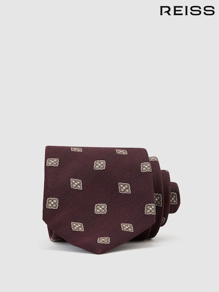Burdeos - Regular Reiss Gioele Silk-blend Woven Floral Medallion Tie