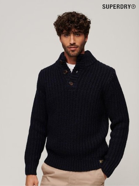 Albastru - Pulover gros tricotat cu nasturi la guler Superdry (462499) | 443 LEI