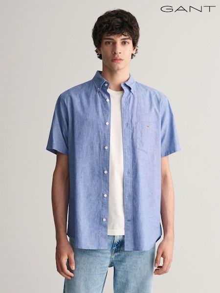 GANT Blue Regular Fit Cotton Linen Short Sleeve Shirt (464245) | €63