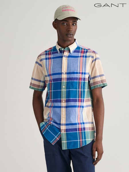 Albastru - GANT Regular Fit Madras Mânecă scurtă  100% Cotton Shirt (464821) | 396 LEI