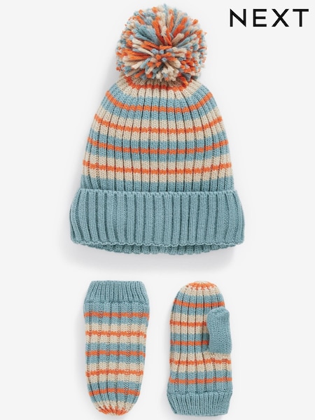 Blue/Orange Stripe Hat and Mitten Set (3mths-10yrs) (465970) | €6