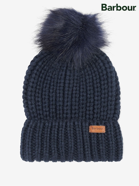 Barbour® Navy Saltburn Cable Knit Pom Beanie Logo Hat (466353) | €37