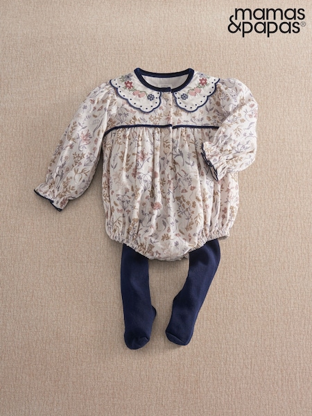 ლურჯი - Mamas & Papas Twisted Floral Shortie Romper & Tights Set